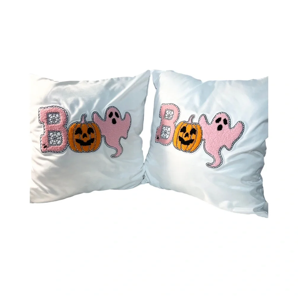 Set of 2 Boo Halloween Embroidered Patch Pillows 18x18